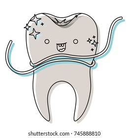 kawaii tooth with root and dental floss around in watercolor silhouette vector illustration