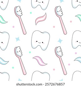 A kawaii tooth and a toothbrush. Seamless baby pattern. Background for pediatric dentistry
