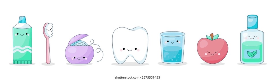 Kawaii toothpaste and brush, dental floss, glass and mouthwash. Cute characters. The concept of oral hygiene