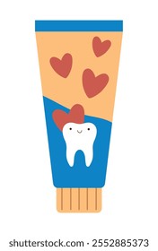 Kawaii toothpaste with hearts and tooth. Isolated vector illustration for your design