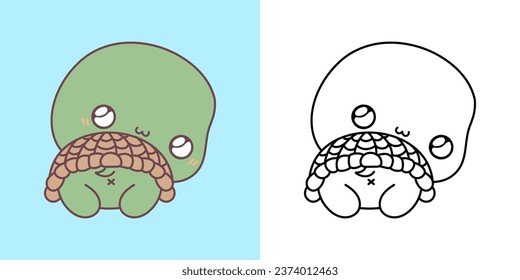 Kawaii Tortoise for Coloring Page and Illustration. Adorable Clip Art Animal. Cute Vector Illustration of a Kawaii Reptile for Stickers, Prints for Clothes, Baby Shower, Coloring Pages. 