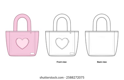 Kawaii Tote Bag Technical Fashion Illustration. Handbag Vector Template. Front and Back View. Padded Rounded Handles. Heart-Shaped Front Patch Pocket. Women’s Fashion Accessory. CAD Mockup set.