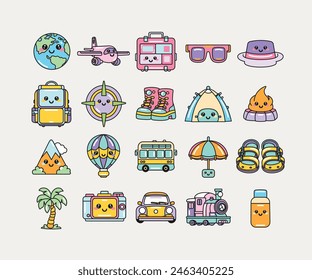 
Kawaii travel and adventure clipart set featuring 21 cute icons including a globe, airplane, luggage, sunglasses, hat, backpack, compass, boots, tent, campfire, mountain, hot air balloon, and more.