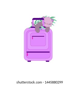 Kawaii travel set. A case with a handle and a hinged lid. Branch with leaves. Cute pillow cat.