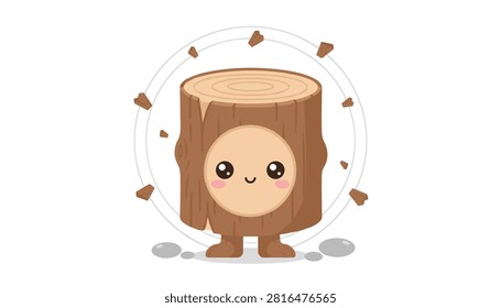 Kawaii tree stump character featuring a friendly smile and central wood grain circle with small scattered wood chips around it.
