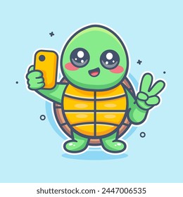 kawaii turtle animal character mascot taking a selfie with a smartphone isolated cartoon