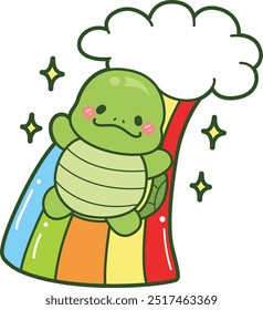 
Etiqueta engomada de la vida diaria de la tortuga de Kawaii linda.
Ilustraciones de mascota de tortuga linda.
Tortuga deslizándose en el arco iris