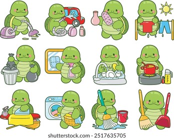 Kawaii turtle daily life sticker cute.
Cute turtle mascot illustrations.
Turtle in the chores activities