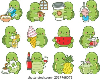 Kawaii turtle daily life sticker cute.
Cute turtle mascot illustrations.
Illustration of turtle drinking a fresh drink
