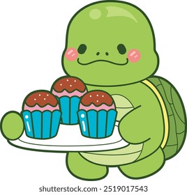 Kawaii turtle daily life sticker cute.
Cute turtle mascot illustrations.
Turtle bring a three cupcakes