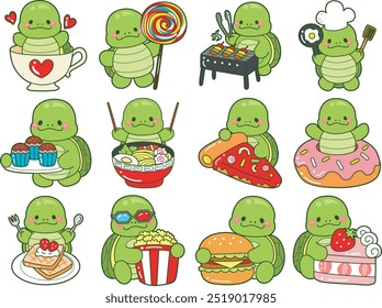 Kawaii tartaruga dia vida adesivo bonito.
Ilustrações bonitas de mascote de tartaruga.
Tartaruga na variação da culinária alimentar