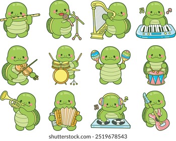 Kawaii turtle daily life sticker cute.
Cute turtle mascot illustrations.
Turtle in the variation of instrument