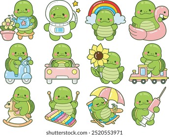 Kawaii turtle daily life sticker cute.
Cute turtle mascot illustrations.
Variation daily life of cute turtle