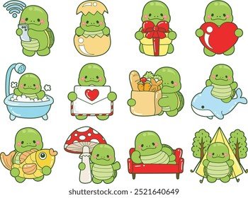 Kawaii turtle daily life sticker cute.
Cute turtle mascot illustrations.
Variation of cute turtle activities routine