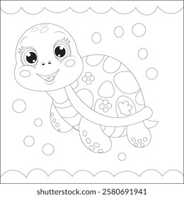 Kawaii Turtle Sea Animal Coloring Page