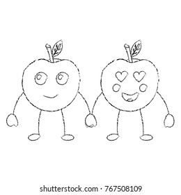 kawaii two cartoon fruit apple holding hands