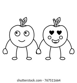 kawaii two cartoon fruit apple holding hands