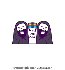 Kawaii two grim reaper skulls with rainbow, illustration for t-shirt, sticker, or apparel merchandise. With doodle, retro, and cartoon style.