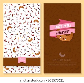 Kawaii two sided brochure, flyer for bakery shop. funny tickets design with emotion pattern and sweet croissant. Vector illustration