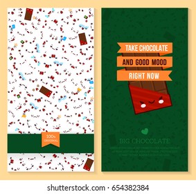Kawaii two sided brochure, flyer for sweets shop. funny tickets design with emotion pattern and sweet big chocolate. Vector illustration. 