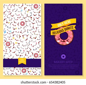 Kawaii two sided brochure, flyer for bakery shop. funny tickets design with emotion pattern and sweet donut. Vector illustration. 