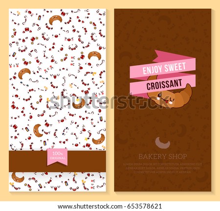 Kawaii two sided brochure, flyer for bakery shop. funny tickets design with emotion pattern and sweet croissant. Vector illustration