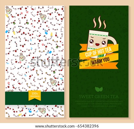 Kawaii two sided brochure, flyer for fast food. funny tickets design with emotion pattern and sweet green tea with mint. Vector illustration.