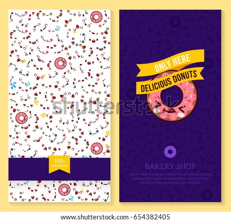 Kawaii two sided brochure, flyer for bakery shop. funny tickets design with emotion pattern and sweet donut. Vector illustration. 