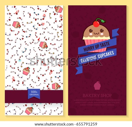 Kawaii two sided brochure, flyer for bakery shop. funny tickets design with emotion pattern and sweet cupcakes. Vector illustration