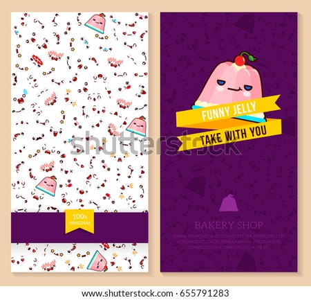 Kawaii two sided brochure, flyer for bakery shop. funny tickets design with emotion pattern and sweet jelly. Vector illustration