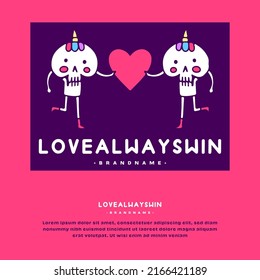 Kawaii two unicorn skull character holding love symbol, illustration for t-shirt, sticker, poster, or apparel merchandise. Pop art style.