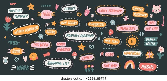 Kawaii Typography stickers for Daily and Weekly Planner. Cute elements with lettering, motivation quote for scheduler or organizer