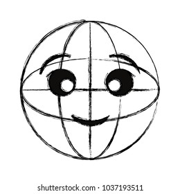 Kawaii uncolored globe doodle with happy face doodle over white background