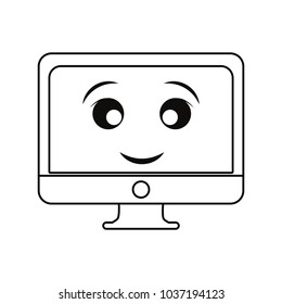 Kawaii uncolored thin line screen over white background vector illustration