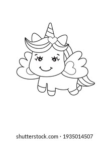 Kawaii Unicorn Black And White Outline For Coloring Book, Flying Unicorn