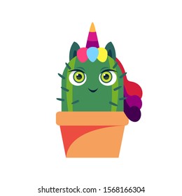 Kawaii unicorn cactus flowerpot smiling, happy cartoon vector