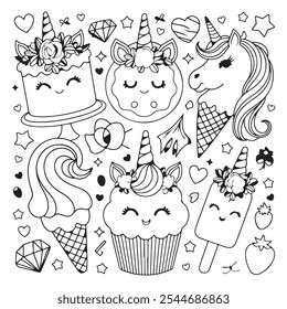 Kawaii Unicorn Cake, Donut, Ice Cream, and Cupcake Vector