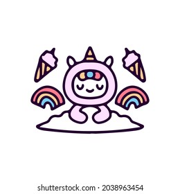 Kawaii unicorn cartoon sleeping on the cloud with rainbow and ice cream. Perfect for Nursery kids, greeting card, baby shower girl, fabric design.