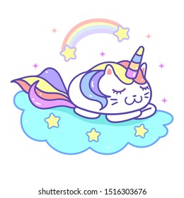Kawaii unicorn cat sleeping on rainbow cloud cartoon vector