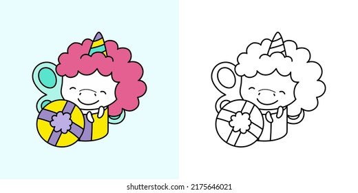 Kawaii Unicorn Clipart Multicolored and Black and White. Cute Kawaii Unicorn. Vector Illustration of a Kawaii for Stickers, Prints for Clothes, Baby Shower, Coloring Pages.  svg