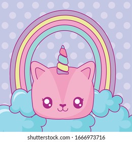 kawaii unicornio con nubes y arco iris sobre fondo morado, diseño colorido, ilustración vectorial