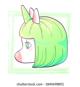 Kawaii unicorn green hair, head cartoon vector