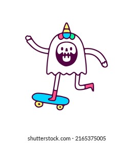 Kawaii unicorn grim reaper skull riding skateboard, illustration for t-shirt, sticker, or apparel merchandise. With doodle, retro, and cartoon style.