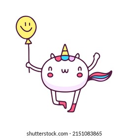 Kawaii unicorn holding balloon with smile face, illustration for t-shirt, sticker, or apparel merchandise. With doodle, retro, and cartoon style.