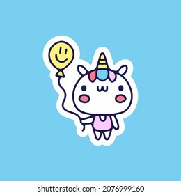 Kawaii unicorn holding cute balloon illustration. Vector graphics for t-shirt prints and other uses.