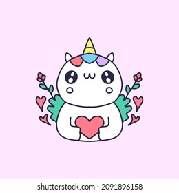Kawaii unicorn holding love. illustration for t shirt, poster, logo, sticker, or apparel merchandise.