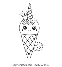 Kawaii unicorn ice cream dessert in a waffle cup, black outline, vector illustration in doodle style.