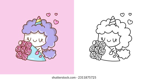 Kawaii Unicorn Illustration and For Coloring Page. Funny Kawaii Unicorn. Vector Illustration of a Kawaii Animal for Stickers, Baby Shower, Coloring Pages, Prints for Clothes.
