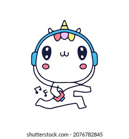 Kawaii unicorn listening to music with headphone illustration. Vector graphics for t-shirt prints and other uses.