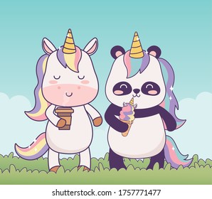 kawaii unicorn and panda with coffee cup and ice cream in grass cartoon fantasy vector illustration